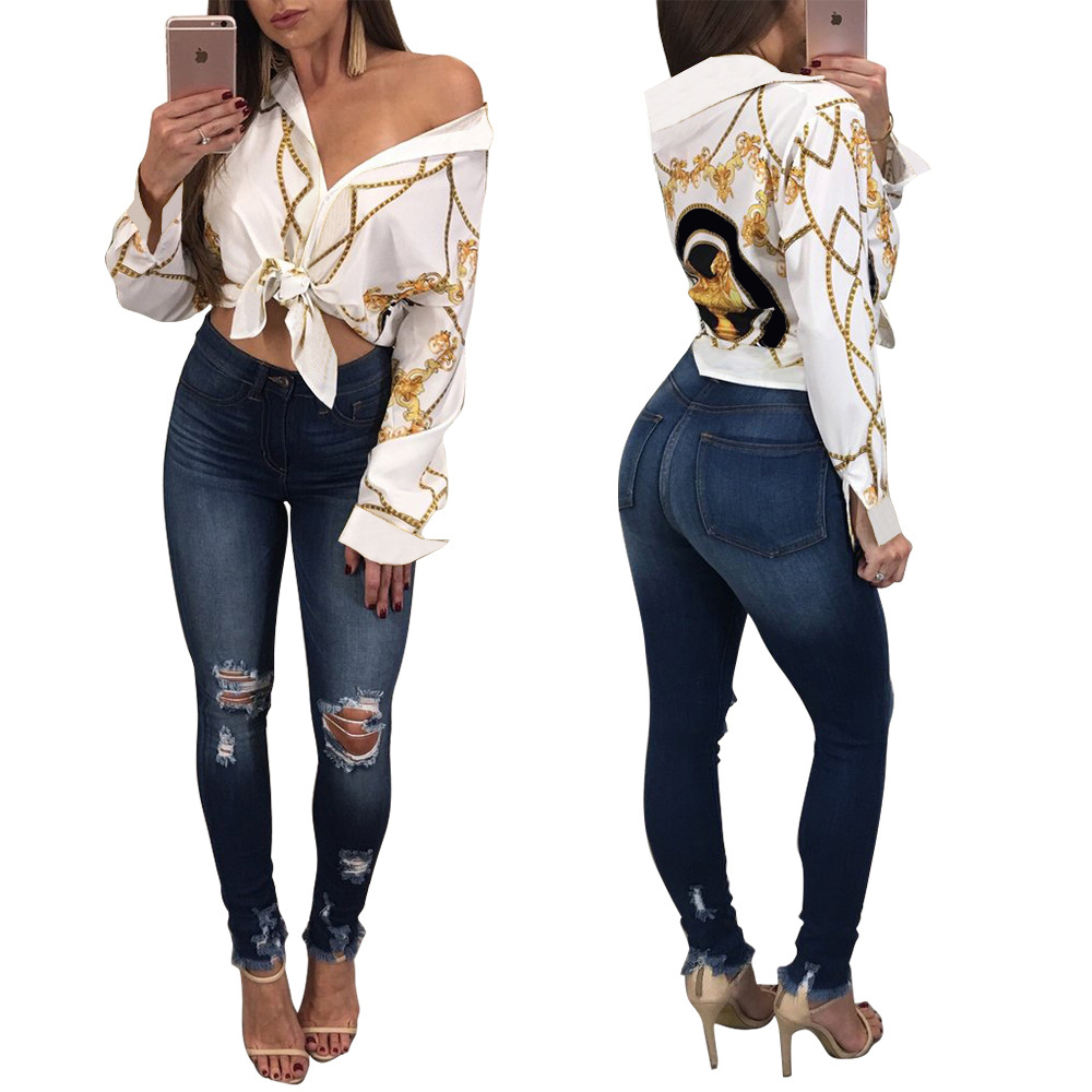 

Fashion Printed Blouses Shirts V Neck Sexy Autumn Summer Long Sleeve White Black -XL