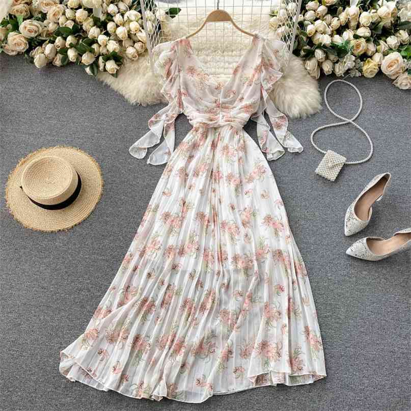 

Boho Style Floral Print Maxi Dress Women Summer Beach Long Chiffon V-neck Ruffles Party Holidays Pleated Robe Femme 210603, Light green