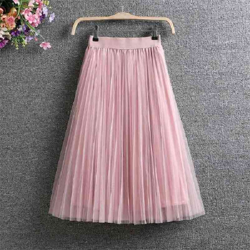 Ladies Vintage Summer Skirts Womens Casual Elastic High Waist Elegant Sexy Midi Pleated Mesh Tutu Skirt Women Tulle Skirt Female 210412Z