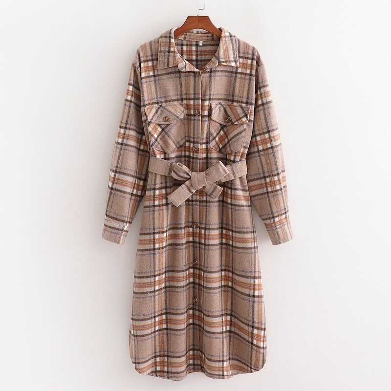 

Women Plaid Woolen Trench Autumn Fashion Full Sleeve Long Coat 210602, Multi