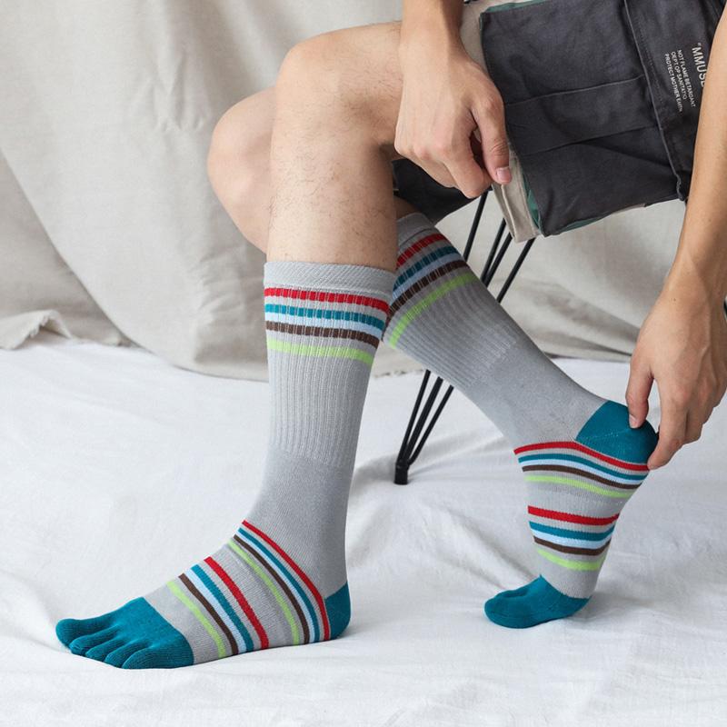 

Men's Socks Five Finger High Tube Cotton Men Autumn And Winter Thickened Sports Stripes Good Elasticity Novelty Long, Black