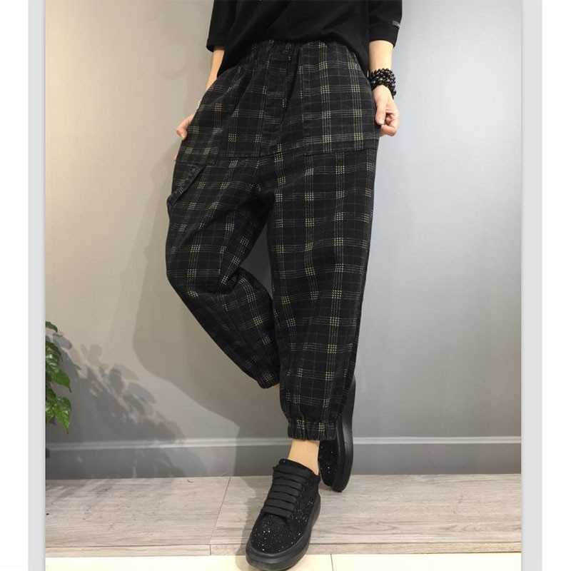 

Spring Autumn Arts Style Women Elastic Waist Loose Casual Pants Vintage Plaid Cotton Harem Pants Plus Size V59 210608, Black