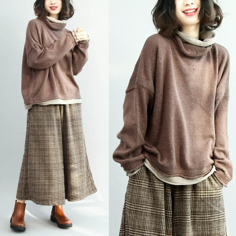 

Plus Size Women's Literary Batwing Sleeve Loose Knit Sweater Bust 138cm Autumn Winter Turtleneck Pullover Top 2 Colors Sweaters, Brown