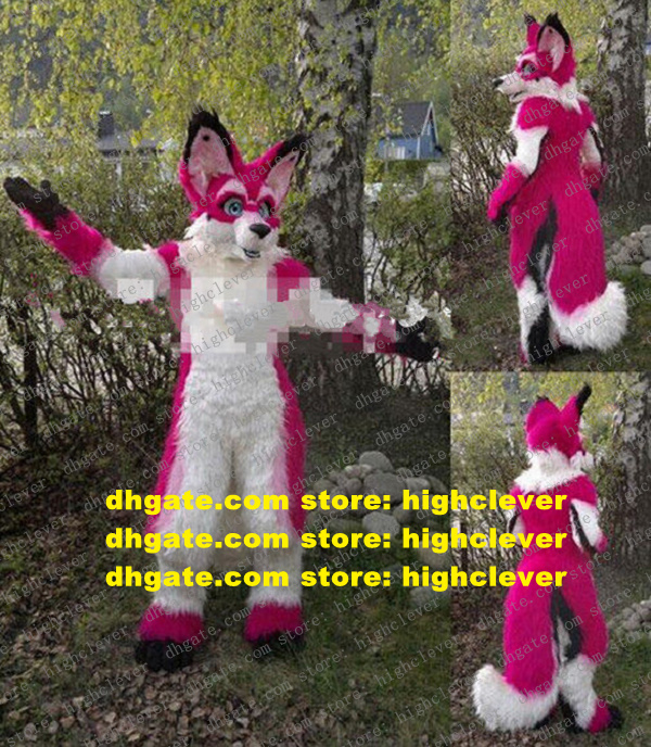 

Pink Red Long Fur Furry Fox Wolf Husky Dog Mascot Costume Fursuit Adult Cartoon Annual Celebration Amusement Park zz7661, As in photos
