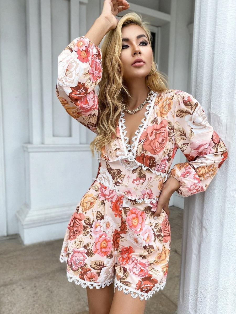 

Eilly Bazar V Neck Floral Print Lace Trim Jumpsuit g7CQ#, Multicolor