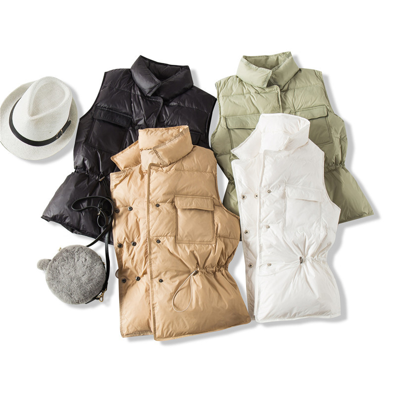 

Short White Duck Down Vest Women Fashion Bouble-breasted Stand Collar Sleeveless Jacket Coat 210520, Beige