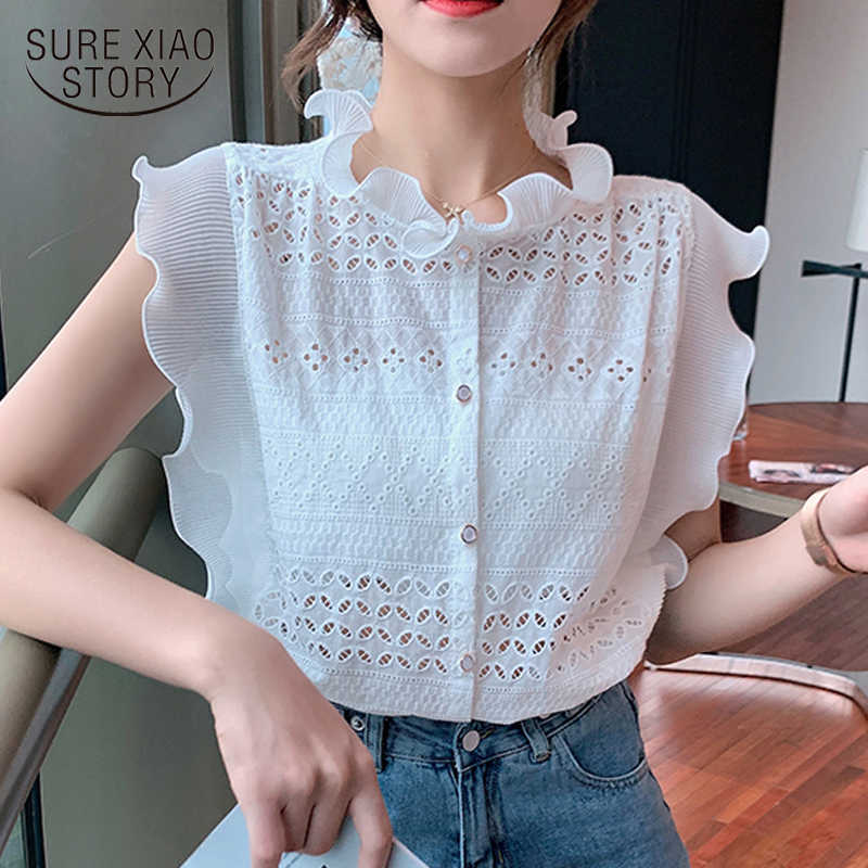 

Hollow Sleeveless White Lace Shirts Summer Korean Elegant Ruffle Collar Slim Tops Female Plus Size Women Blouses 13918 210527, Black