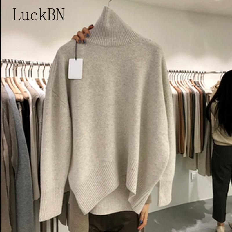 

Women' Sweaters Turtleneck Cashmere Sweater Women Autumn Pad Knitting Thick Pullover Loose Solid Color Blouse Winter 2021, Brown