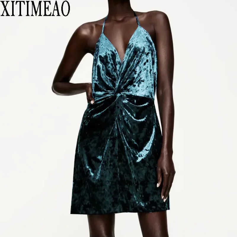 

ZA Women Sexy Suspenders Low Chest Open Back Side Deep V Mini Short Dress Velvet Suspender Skirt XITIMEAO 210604, Green