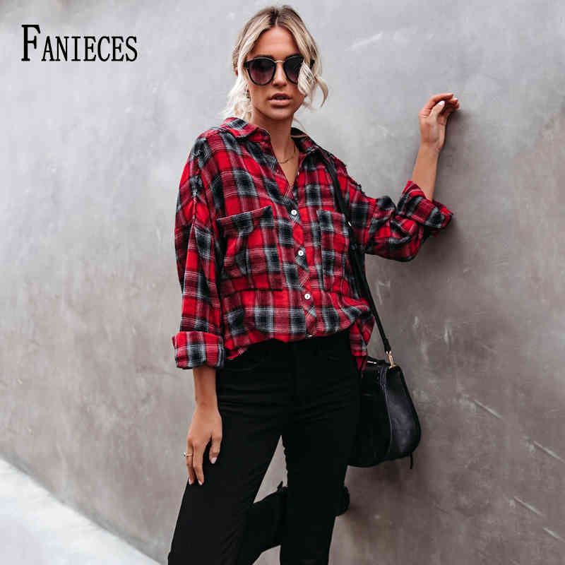 

Women Vntage Red Plaid Long Shirts Spring Autumn Chic Ladies Streetwear Loose Shirt elegant female outfits 210520, Black