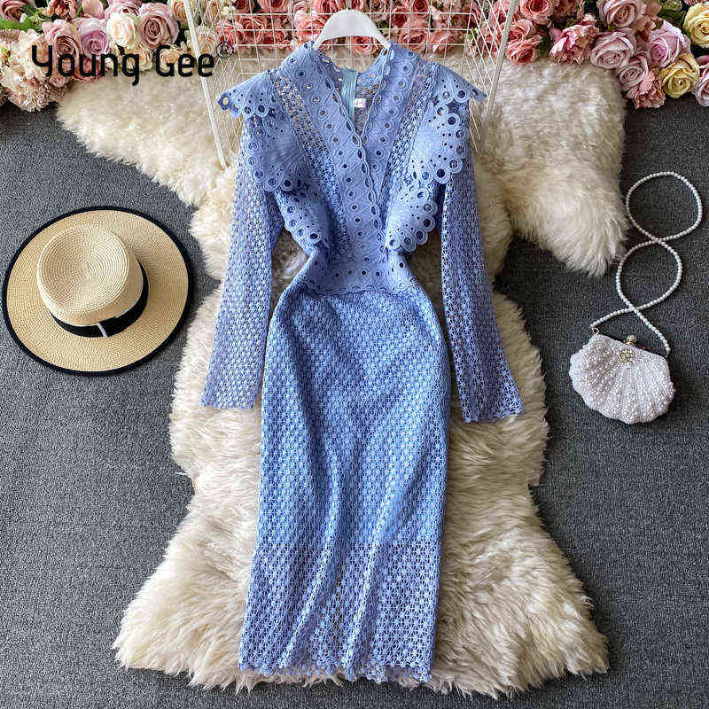 

Young Gee Fashion Designer Spring Autumn Women's Dress Long Sleeve Lace Ruffles Elegant Party Slim Pencil Midi Bodycon Dresses Y211227, Black