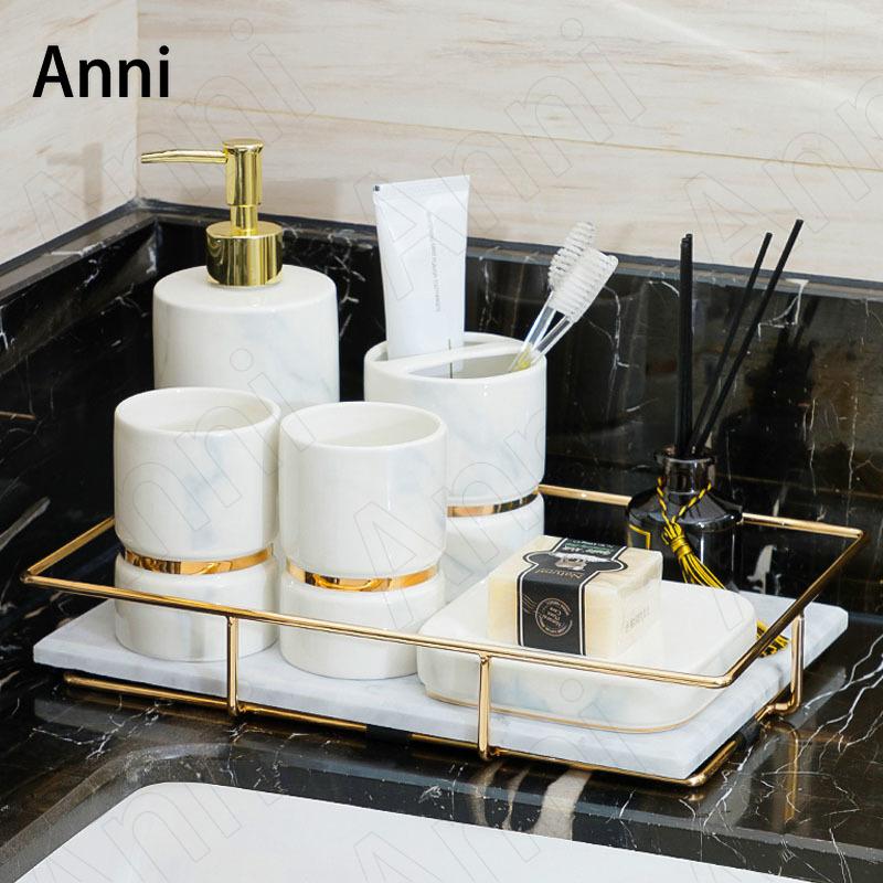 

Bath Accessory Set Household Five Piece Bathroom Accessories Ceramic Nordic Modern Golden Stroke Marble Texture Shower Decor