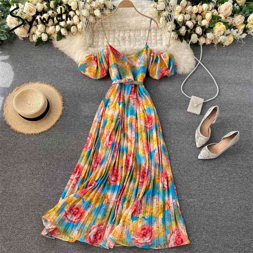 

Floral Print Long Prom Dresses for Women Bridesmaid Off Shoulder Chiffon Summer Puff Sleeve Dress Spaghetti Strap Robe 210607, Blue