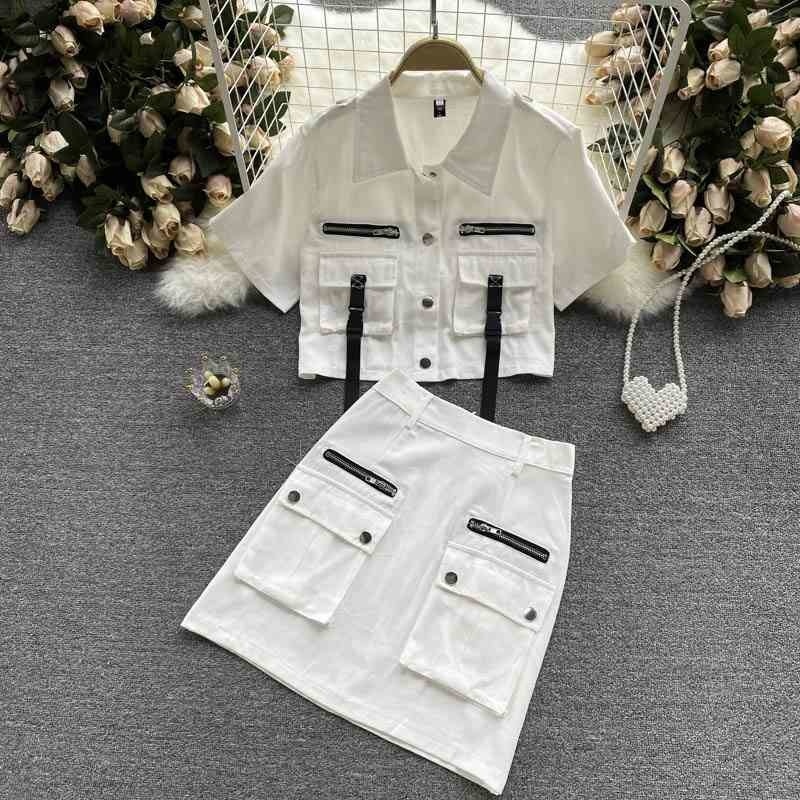 

Street fried suit summer female retro tooling big pocket short top + skirt 210525, White
