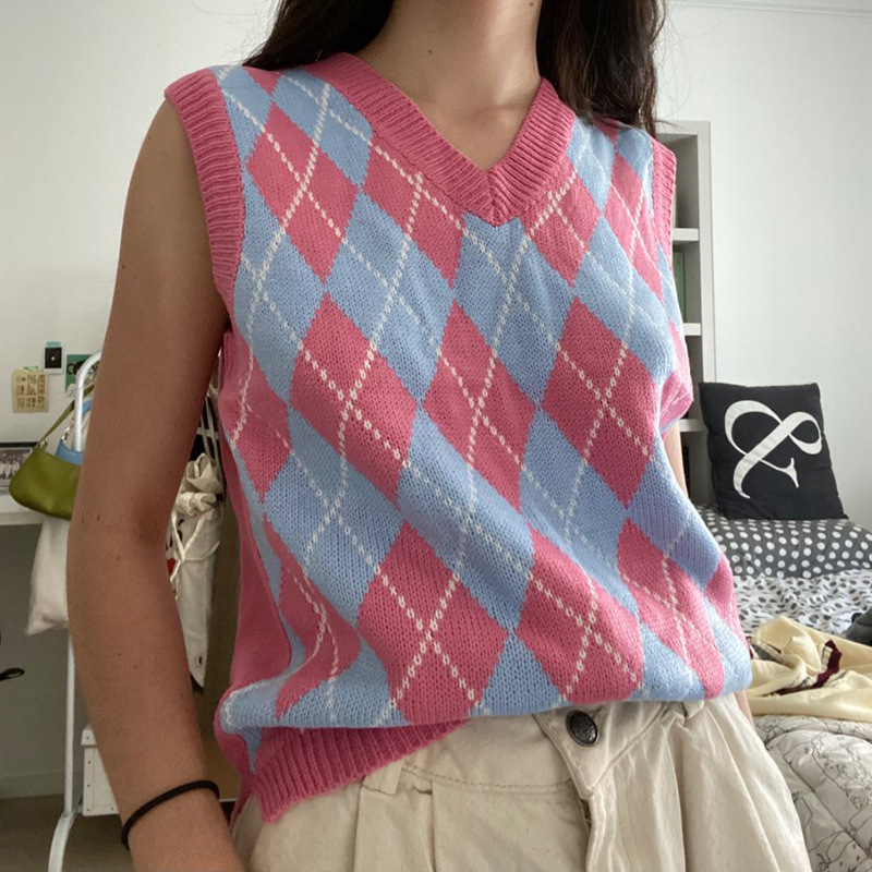 

V Neck Vintage Argyle Sweater Vest Women Sleeveless Plaid Knitted Crop Sweaters Casual Autumn Spring Preppy Style Sweater Tops 210521