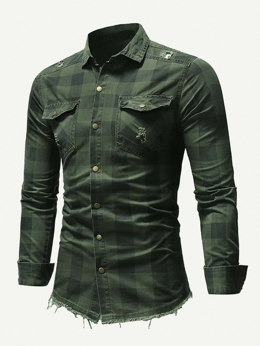 

Men Ripped Detail Plaid Shirt 40v4#, Army green