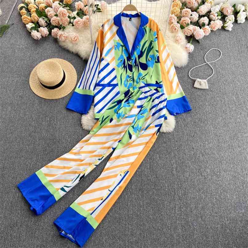 

Bloggers Private Wide Leg Pants Pajamas Sets Chic Stripe Print Long-sleeved Sleepwear Loungwear for Women Homewear 2 Piece Set 210602, Blue