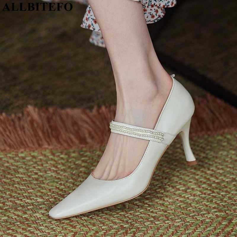 

ALLBITEFO sweet Pearl genuine leather sexy high heels wedding women shoes women heels shoes autumn high heel shoes size:33-43 210611, As picture