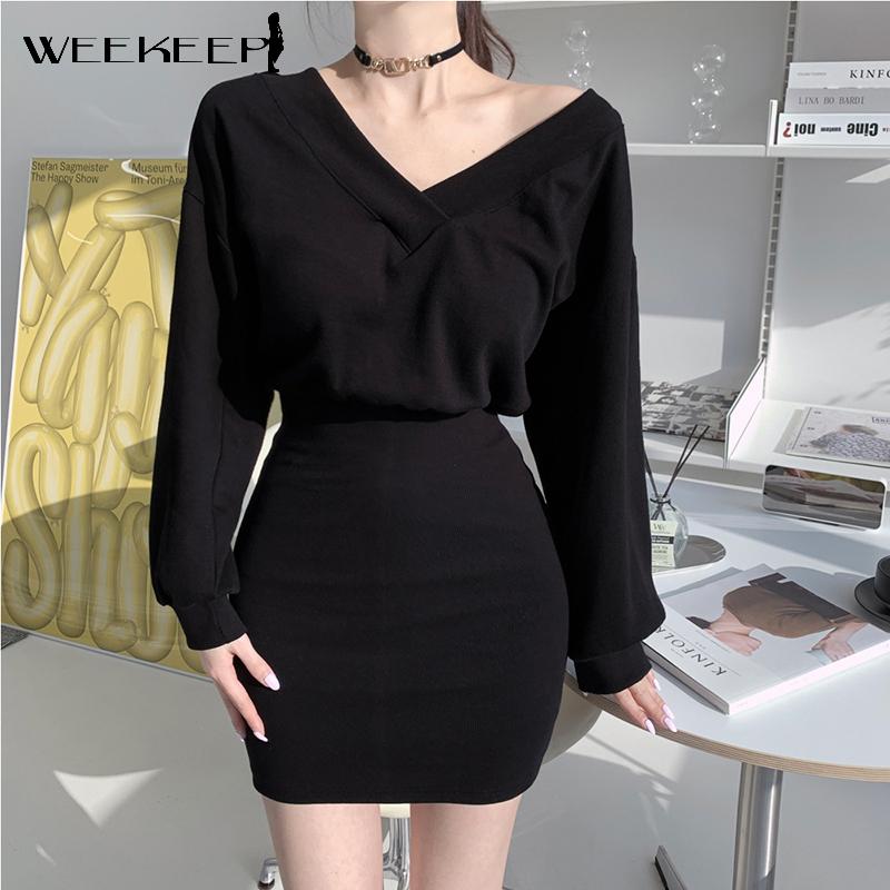 

Casual Dresses Weekeep Women Elegant Black Knitwear Dress 2022 Fashion Korean Street Style Autumn Long Sleeve Basic Fairycore Clothing, As picture