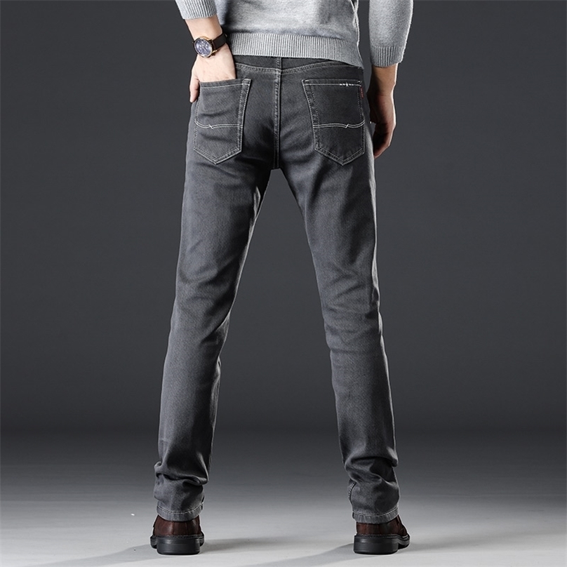 

Winter velvet grey jeans men's straight leg loose stretch slim fashion brand high-end winter casual pants 211111, Beige
