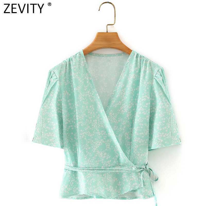 

ZEVITY Women Sweet Cross V Neck Floral Print Casual Smock Blouse Femme Puff Sleeve Chic Ruffles Shirt Lace Up Blusas Tops LS9061 210603, As pic ls9061dt