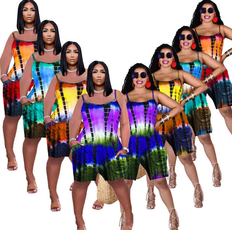 Summer Women Sexy Sling Jumpsuits Designer Tie Dye Print Loose Suspenders Shorts Sports Rompers With Pockets Nightclub Overalls Pants-image-583898475