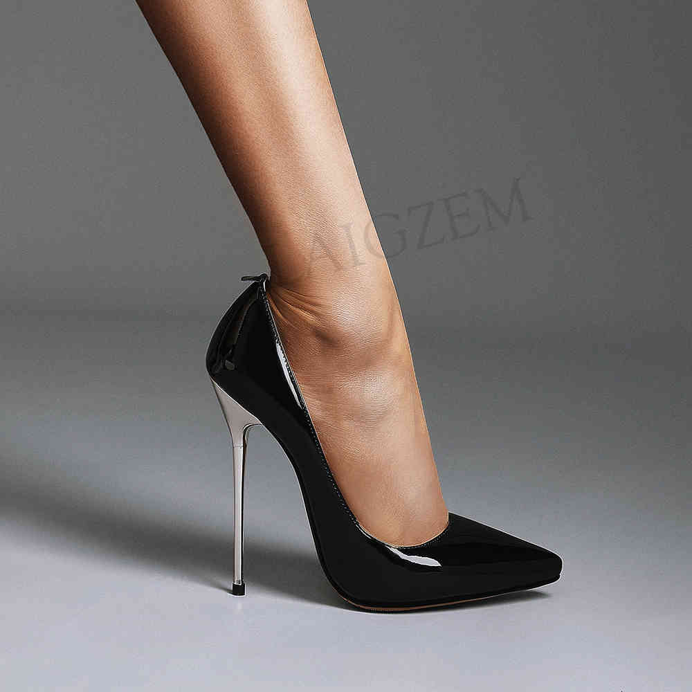 Chaussures de robe Laigzem Chic Femmes Talons Real Brevet Cuir 11-13cm Points pointus Pumps Métal Stiletto Femme Grand Taille 34-43 WC1T