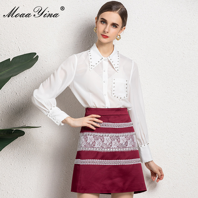 

Fashion Designer Sets Summer Women' Lantern Sleeve Elegant White Blouse and High waist Print Red Skirt Two-piece suit 210524, Shirt