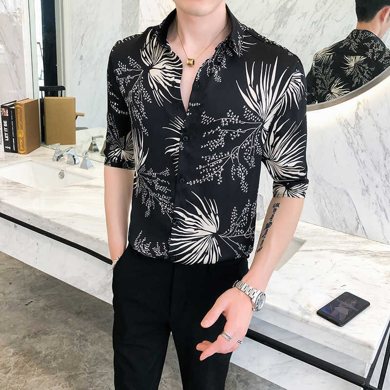 

Fashion Korean Men's Shirt Summer Short Sleeve Slim Shirts Printed Casual Business Streetwear Social Shirt Chemise Homme 210527, Black