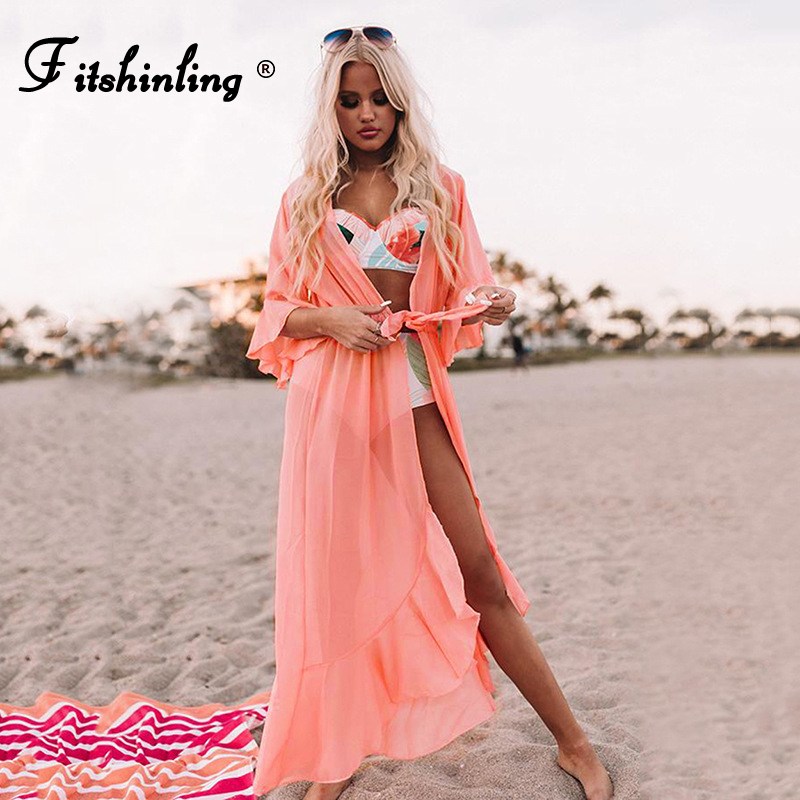 

Fitshinling Ruffles Chiffon Beach Cover Up Bikini Outing Swimwear Bohemian Holiday Slim Sheer Sexy Summer Long Cardigan Tunic