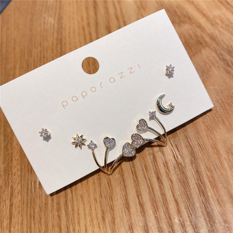 

Stud South Korea Dongdaemun Fashion Light Luxury Love Earring Set Micro-inlaid Zircon Moon Star 6-piece Earrings, Golden;silver