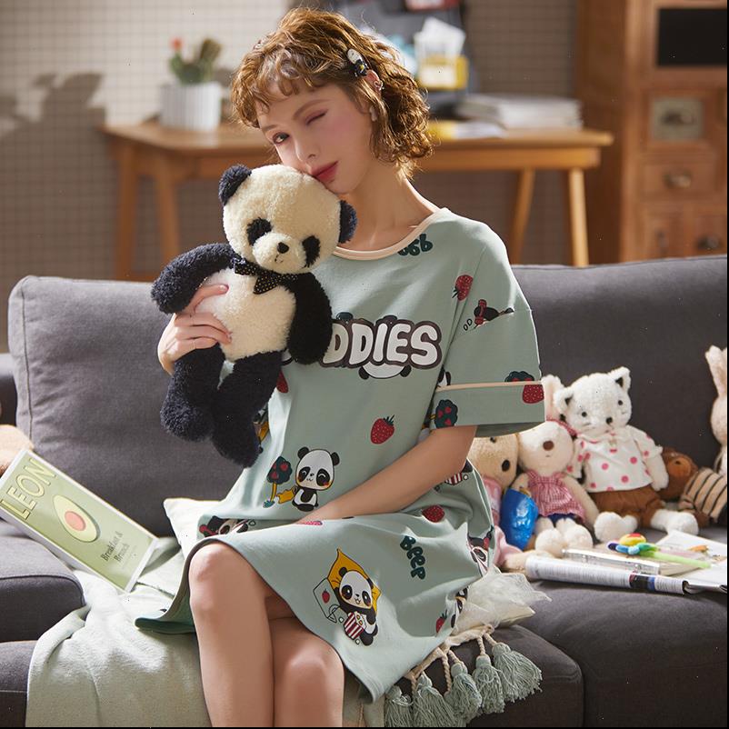 

plus size nightgowns women sleepwear 100% cotton sleepshirts summer short sleeve animal cartoon nightwear home dress nighty robe, Black;red
