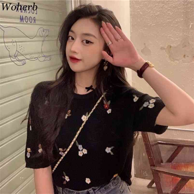 

Embroidery Flowers Thin Knitted Tops Women Korean Short Sleeve Loose Wild O Neck Sweater Summer Casual Pullover Shirts 210519, Black