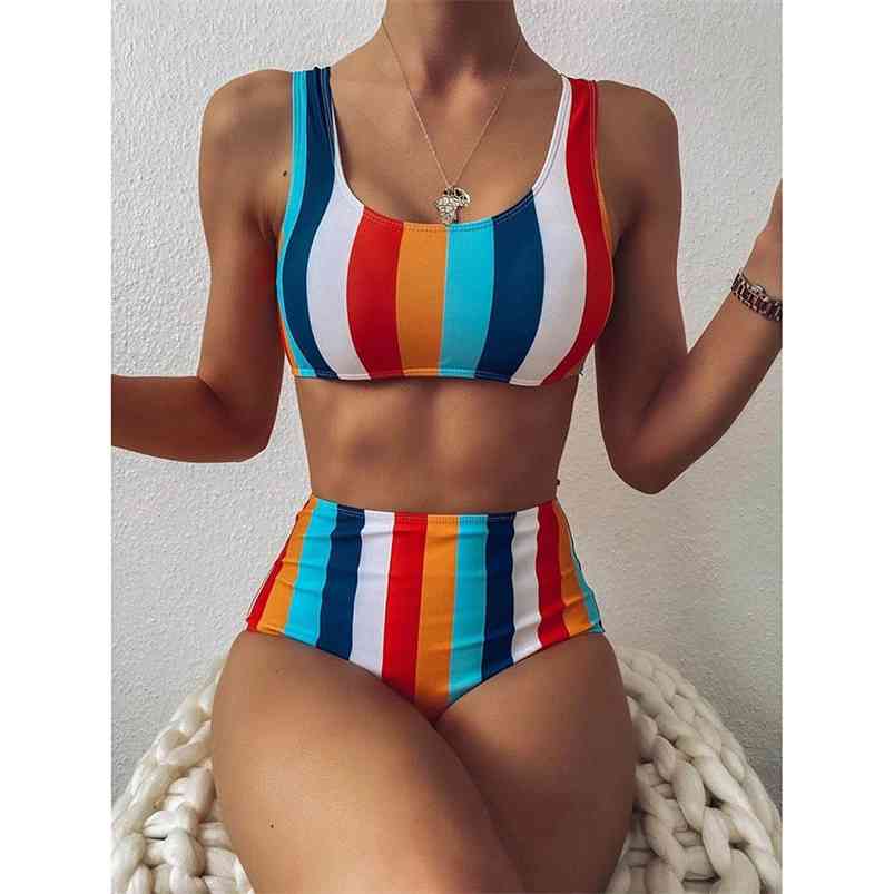 

High Waist Bikini Sexy Striped Swimsuit Women Swimwear Female Push up Set Swimming Wear for Bathing Suit Swimsuits 210629, Blue