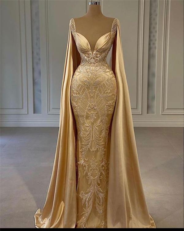 

Gold Mermaid Prom Dresses With Wrap Beaded Lace Appliqued 2021 Evening Dress Party Second Reception Gowns Plus Size, Brown