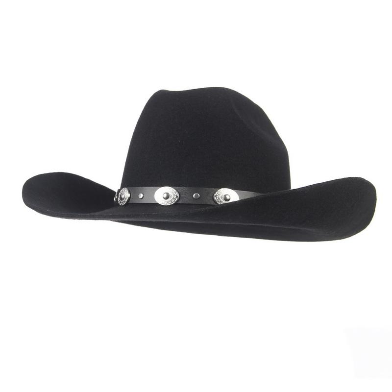 

Wide Brim Hats Vintage Wool Western Cowboy Hat For Boy Girl Cowgirl Jazz Cap With Leather Toca Sombrero 58CM, Blue;gray