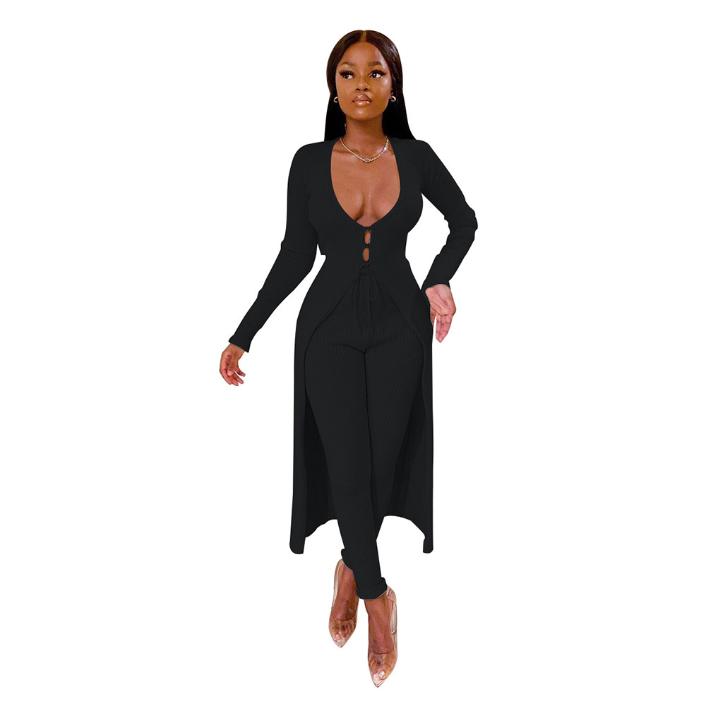 

Women Designer Knitting 2pcs Sets V Neck Tops Long Pants Clothing Sets Solid Color Two Piece Pants, White