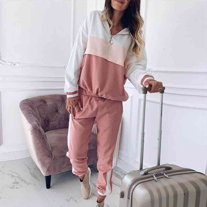

tracksuit two piece set leisure womenpant sports color matching sweatshirt suit female costume chandal mujer, White