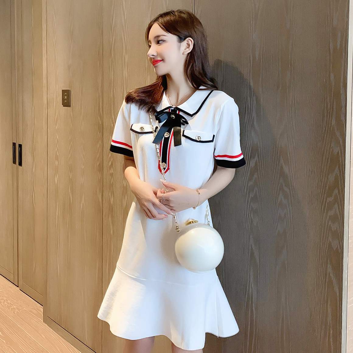 

Runway Design Summer Women Dress Vintage Bee Bow Tie Striped Elegant Short Sleeve Loose Knitting Mermaid 210525, Black