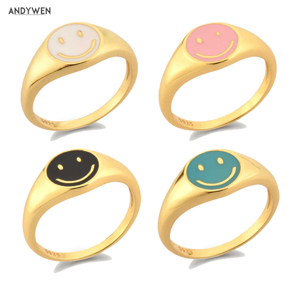 

ANDYWEN 925 Sterling Silver Gold Smile Enamel Thick Ring Size Luxury Spring Fine Jewelry White Black Pink Smiley Women Gift 210608