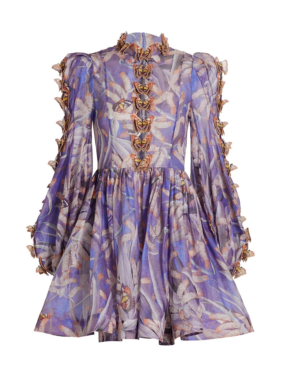 

2021 popular logo spring/summer catwalk show, Australia, flax printed butterfly dress with high waist, bubble sleeve and standing collar, Black