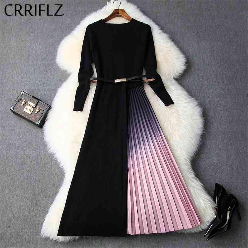 

Long Women Pleated Dress Knitted Pullover Gradient Spring Patchwork Slim Full Sleeve Elegant O-Neck Party 210520, Black