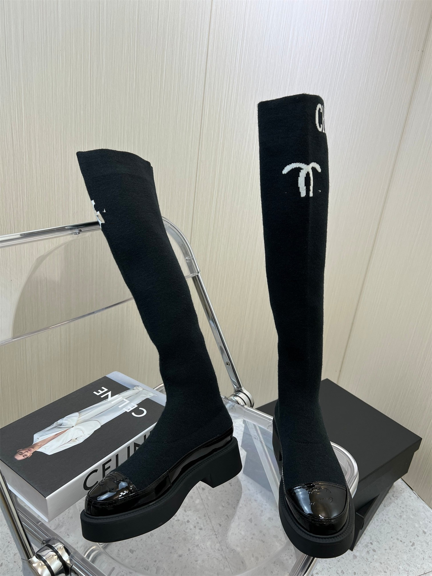 

Black flat shoes mid-tube boots stretch knit socks boot leather wool women's luxury designer booties factory shoe