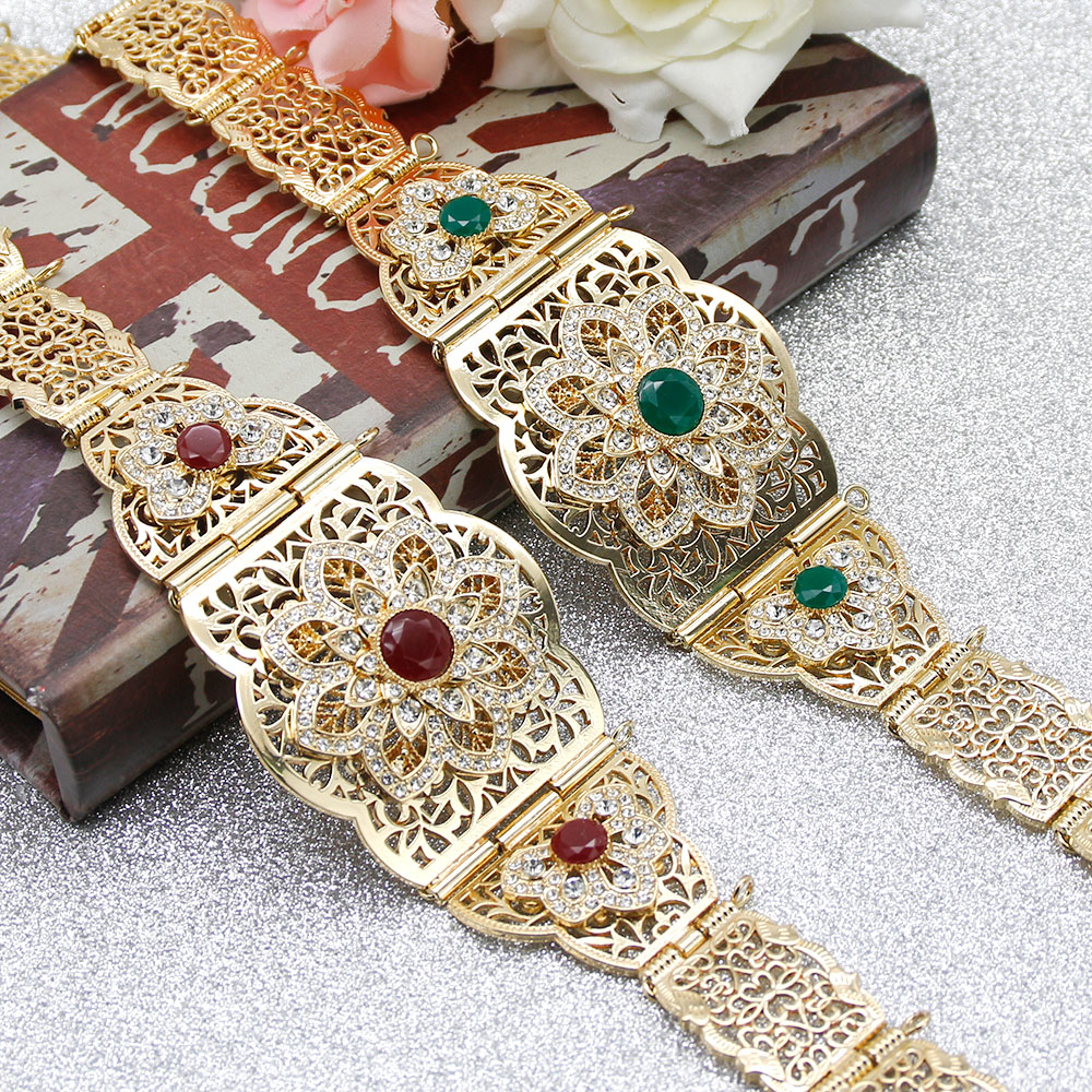 

Sunspicems Morocco Women Caftan Belt Gold Color Red Green Stone Ethnic Wedding Dress Kaftan Abaya Metal Waist Chain Belt Jewelry