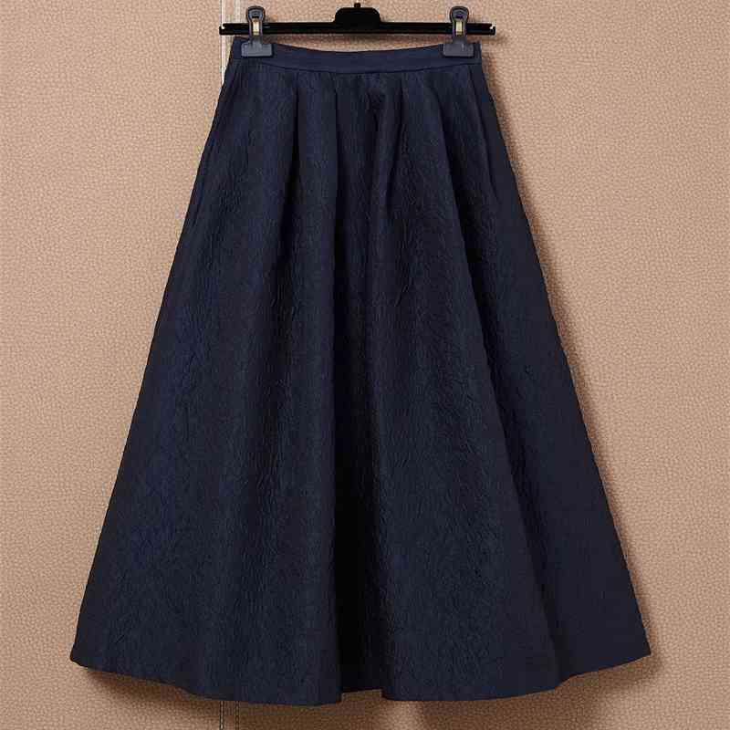 

Truevoker Summer Runway Fashion Jacquard Skirt Women Vintage Hepburn Dark Blue Midi Long Embossed Lady Designer 210602