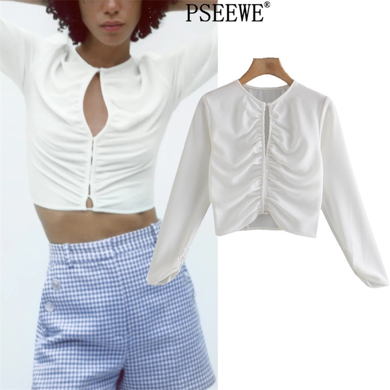 

Crop Top Women Gathered White Woman Blouse Summer Fashion Front Vents Button Streetwear Long Sleeve Ladies Tops 210519