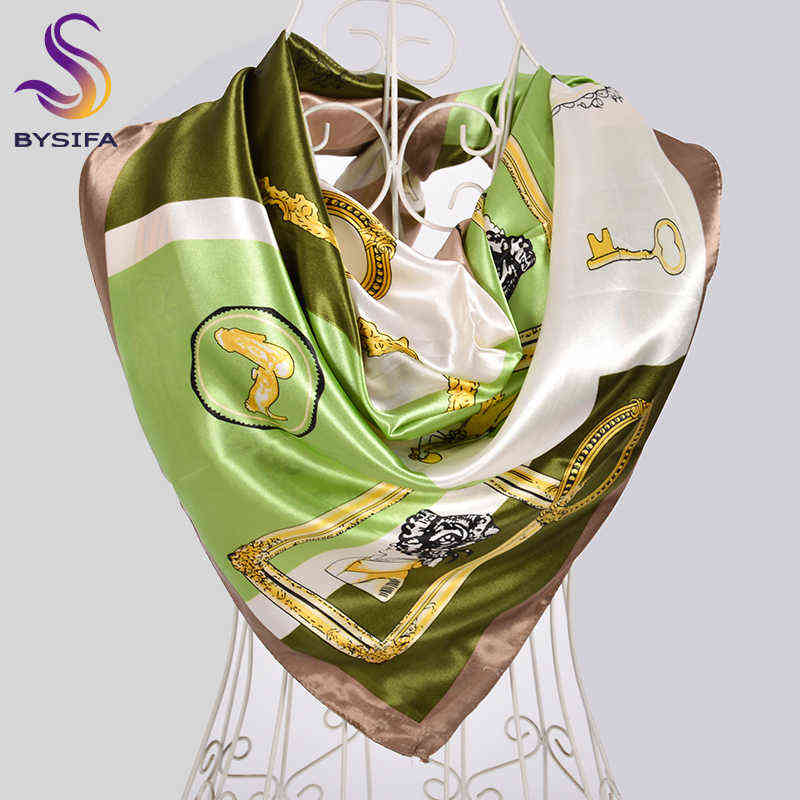 

[BYSIFA] Ladies Green Coffee Square Scarves Printed Women Elegant Satin Large Silk Scarf Shawl 90*90cm Winter Neck Head Scarf Y1108