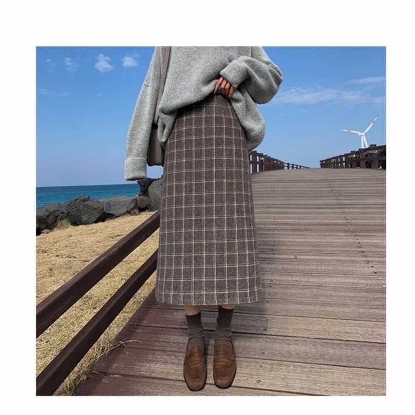 

Large Size High Elastic Waist Long Skirt Women Autumn and Winter Plaid A-line Pleated Skirts -4XL 211109, Gray brown