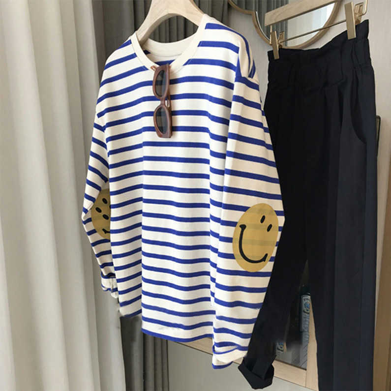 

Men's Hoodies Correct version Kapital stripe smiley face printing men and women lovers casual cotton long sleeve T-shirt bottomed shirt, Blue