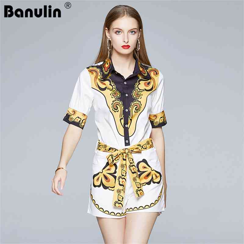 

Summer Runway Designer Flower Printed Two-piece Set Women Stand Short Sleeve Shirt Top and Belt Pocket Shorts Suits 210603, Yellow